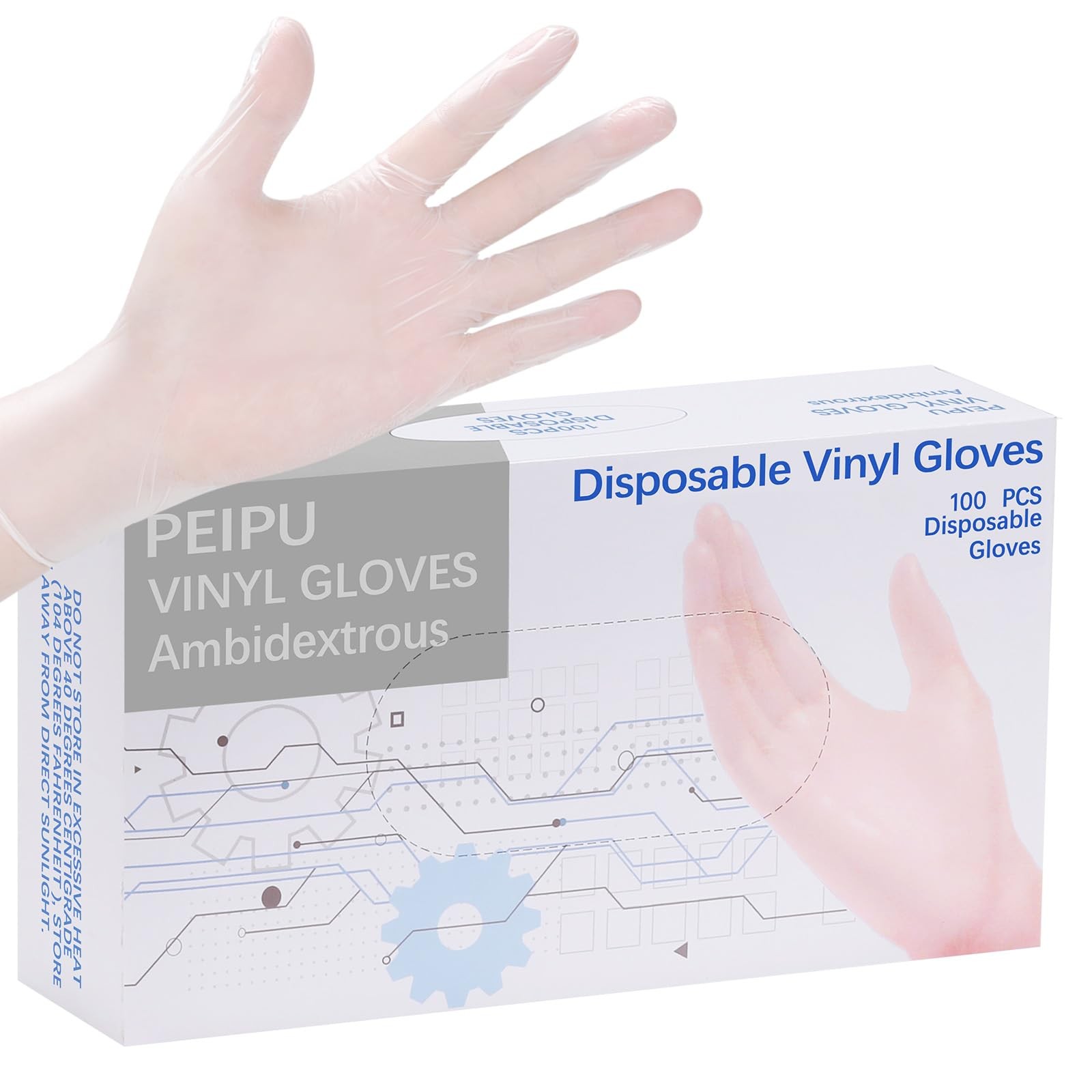 PEIPU Vinyl Disposable Gloves, XLarge, 100Pack, Powder Free, Latex Free