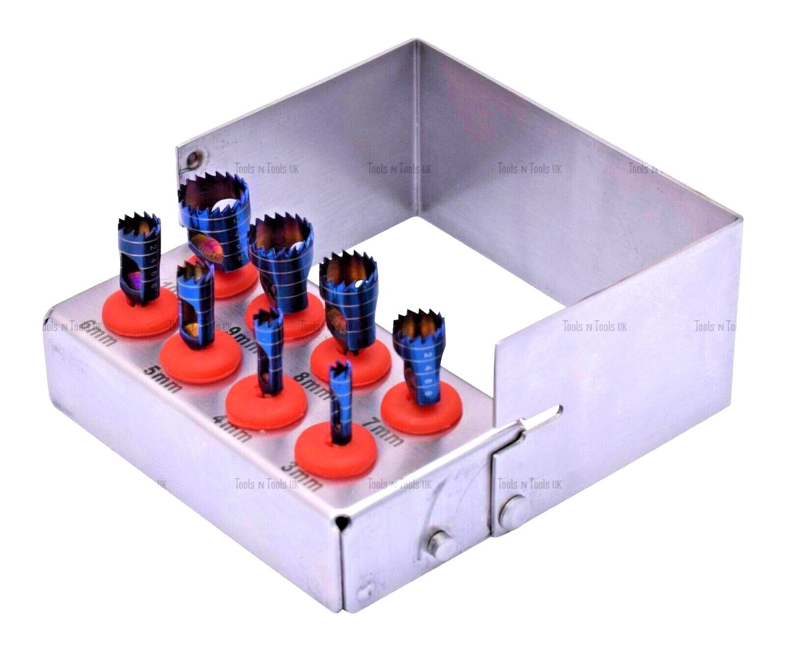Dental Trephine Drills 8 Piece Kit for Implant Surgery + Bur Holder Blue Chrome