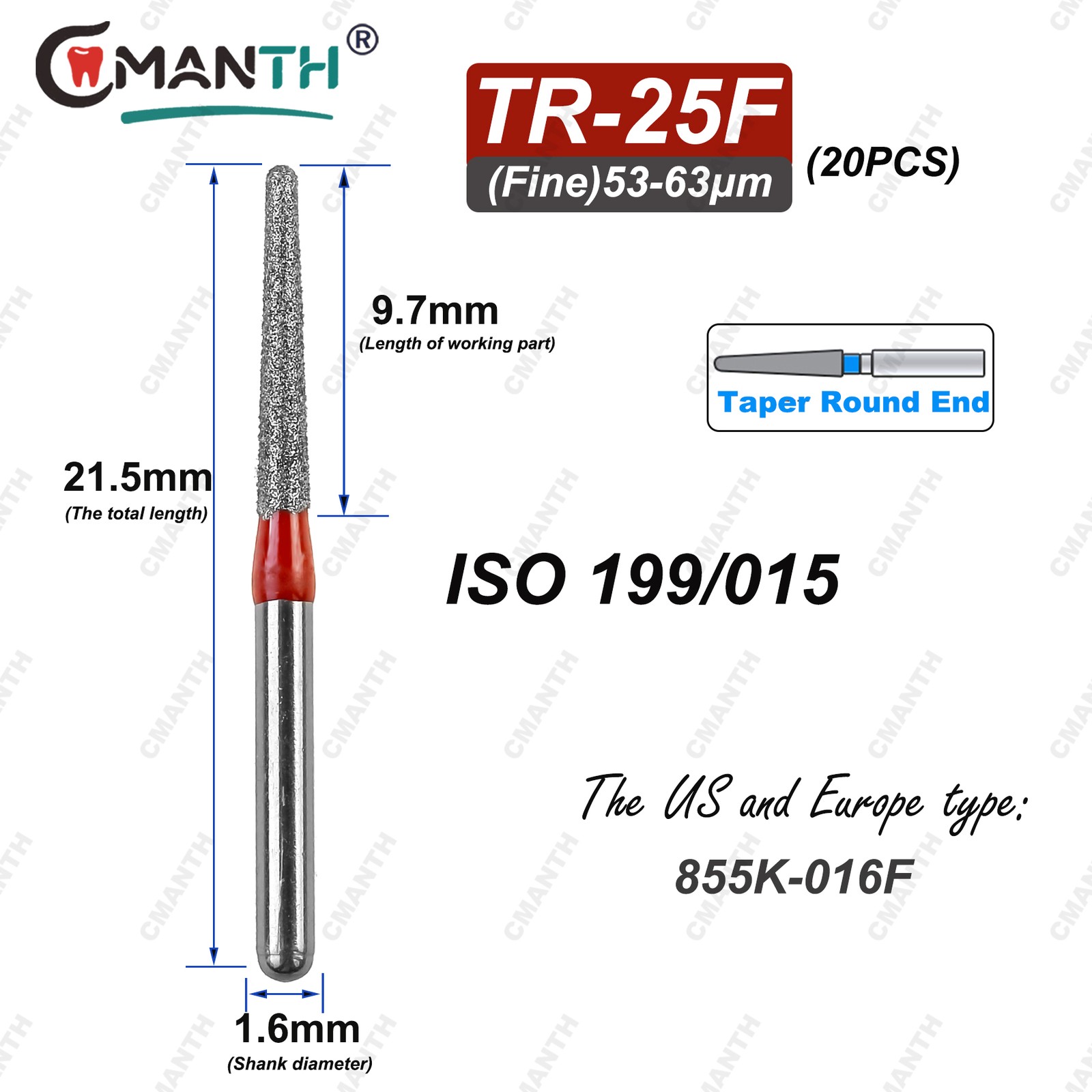 TR Type Dental Diamond Burs Fit High Speed Handpiece 1.6mm Drills 20pcs