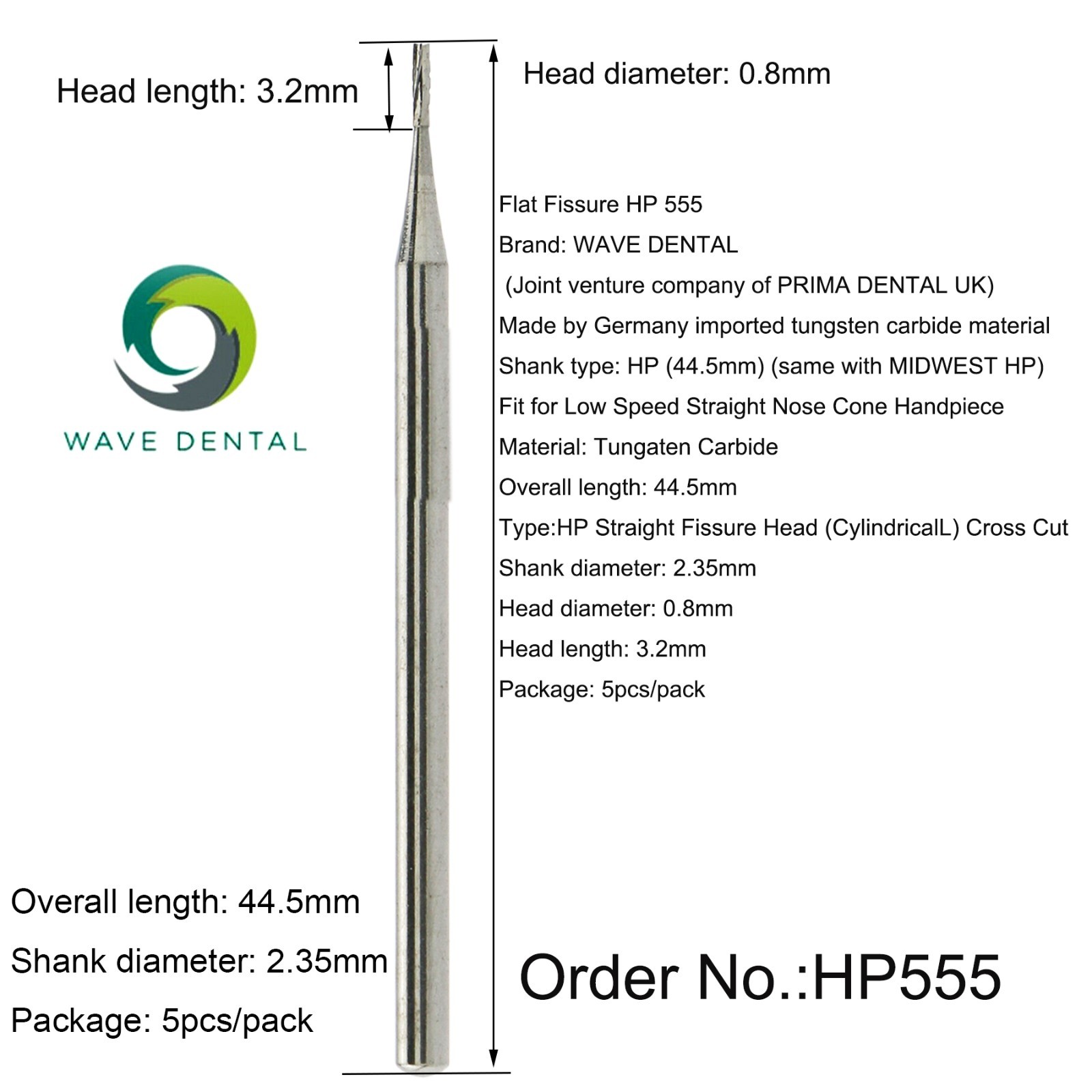 Wave Dental Carbide Surgical Burs For Straight Handpiece Round HP 8 557 44.5mm