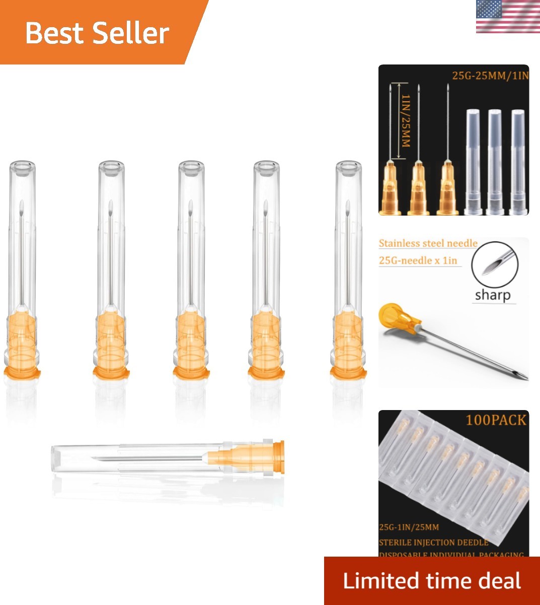 Versatile 100 Pack 25Gauge 1 Inch Luer Lock Needles for Medical & Art Use