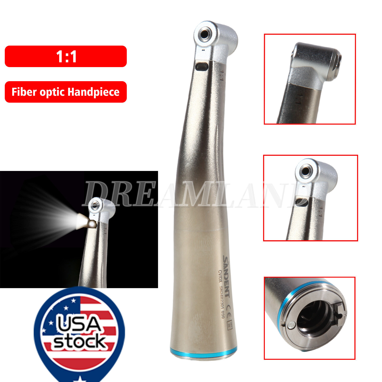SANDENT Dental 1:1 LED Fiber Optic Contra Angle Handpiece fit E-Type Motor
