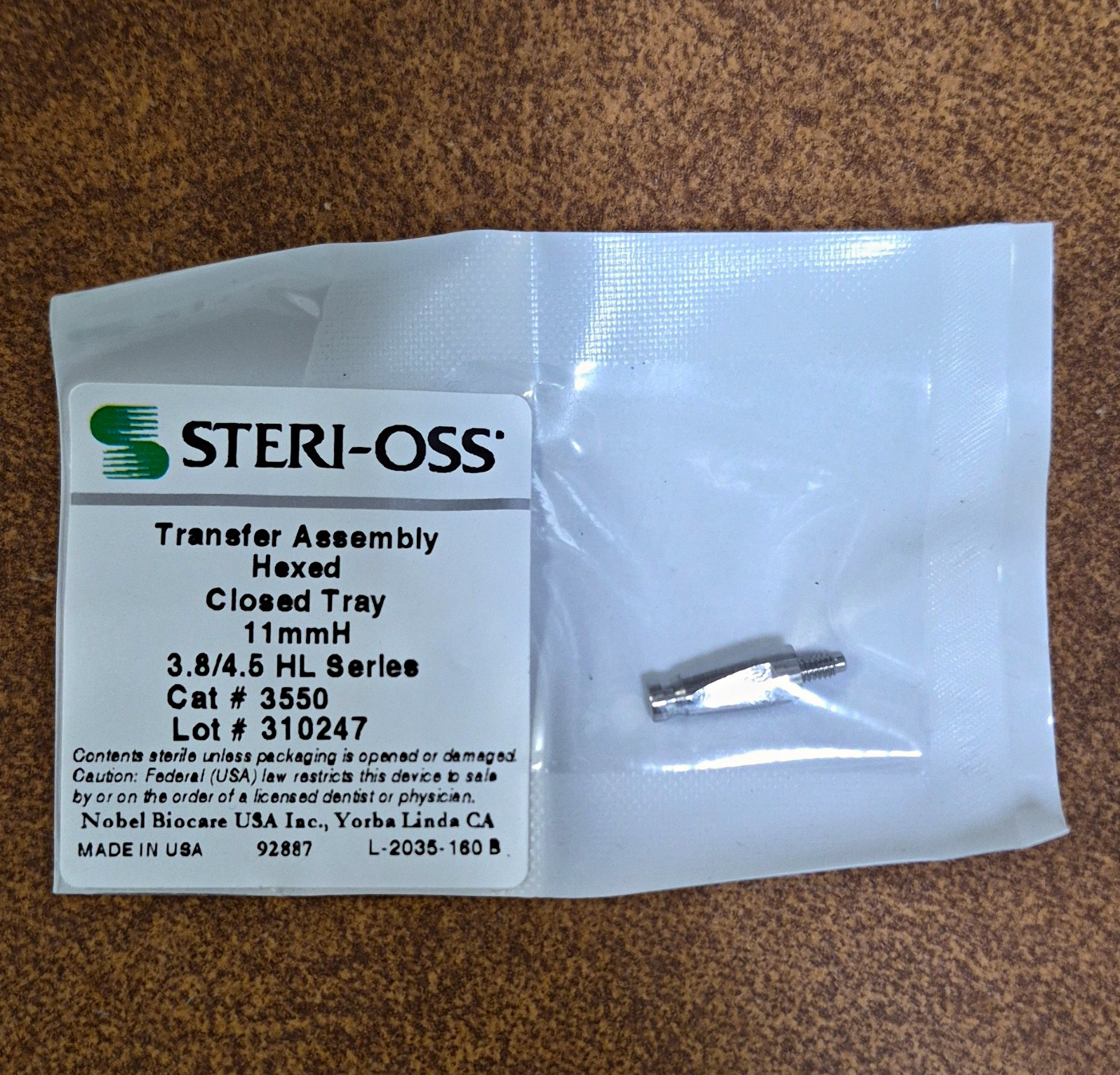STERI-OSS Implant Transfer Assembly Hexed Closed Tray 11mmH 3.8/4.5 HL Cat 3550