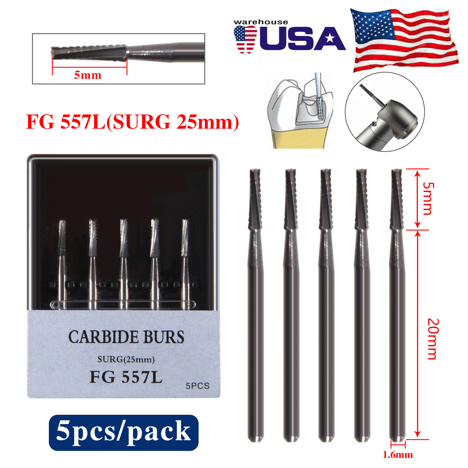 5PCS Dental Surgical Long Burs 557L 25mm Shank Tungsten High Speed Carbide Bur
