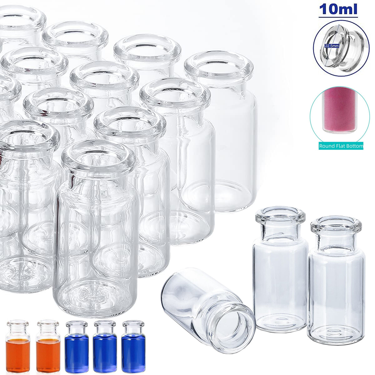 1000PCS 10ml Headspace Vials Clear Glass Bottle 20mm Crimp top Flat Bottom HPLC