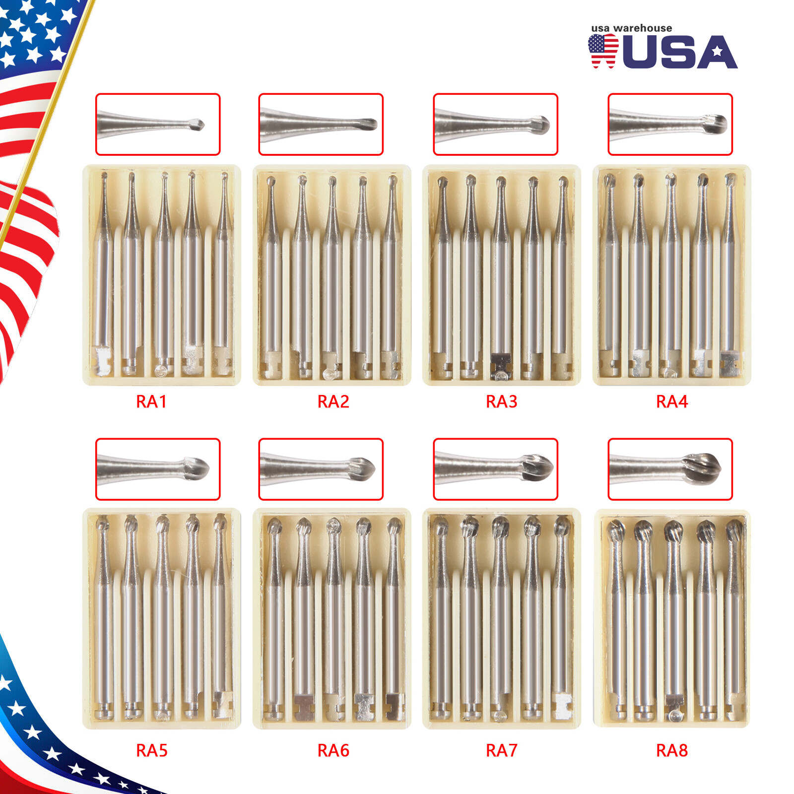 5 Pcs/Pack Dental RA Round Carbide Bur For Slow Speed Latch Type RA 1#- RA 8# Y
