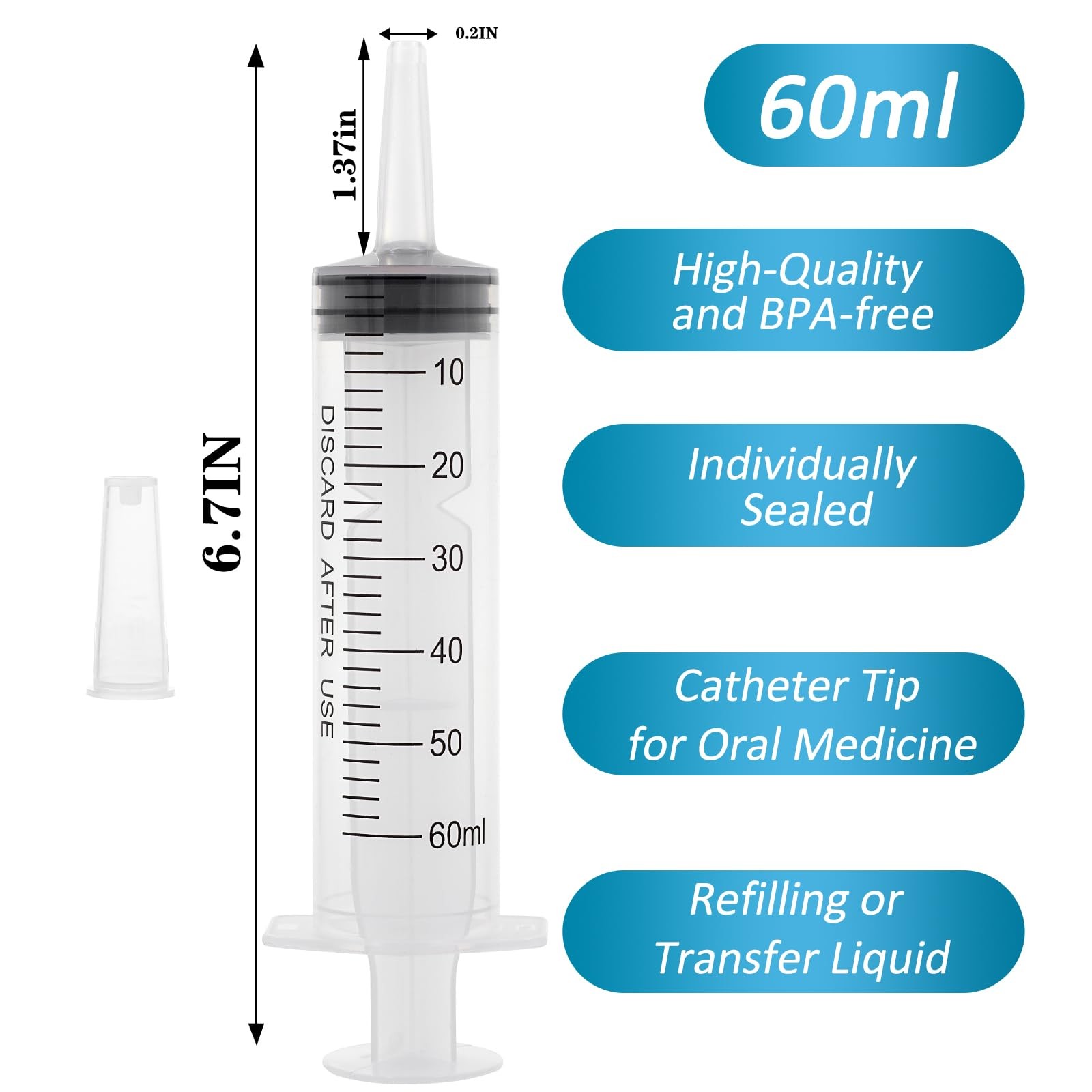 60ml Syringe with Cap, Syringes without Needle for Liquid, Scientific Plastic