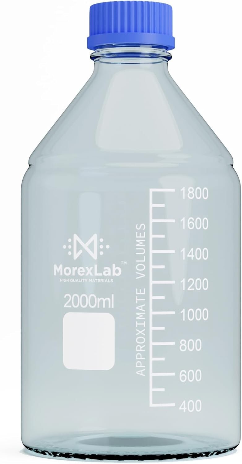 2000ml Glass Round Media Storage Bottles with GL45 Screw Cap, Borosilicate Glass