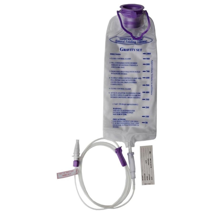 Generica Gravity Feeding Bag Set 1000mL ENFit Connector/Transitional Adapter 1