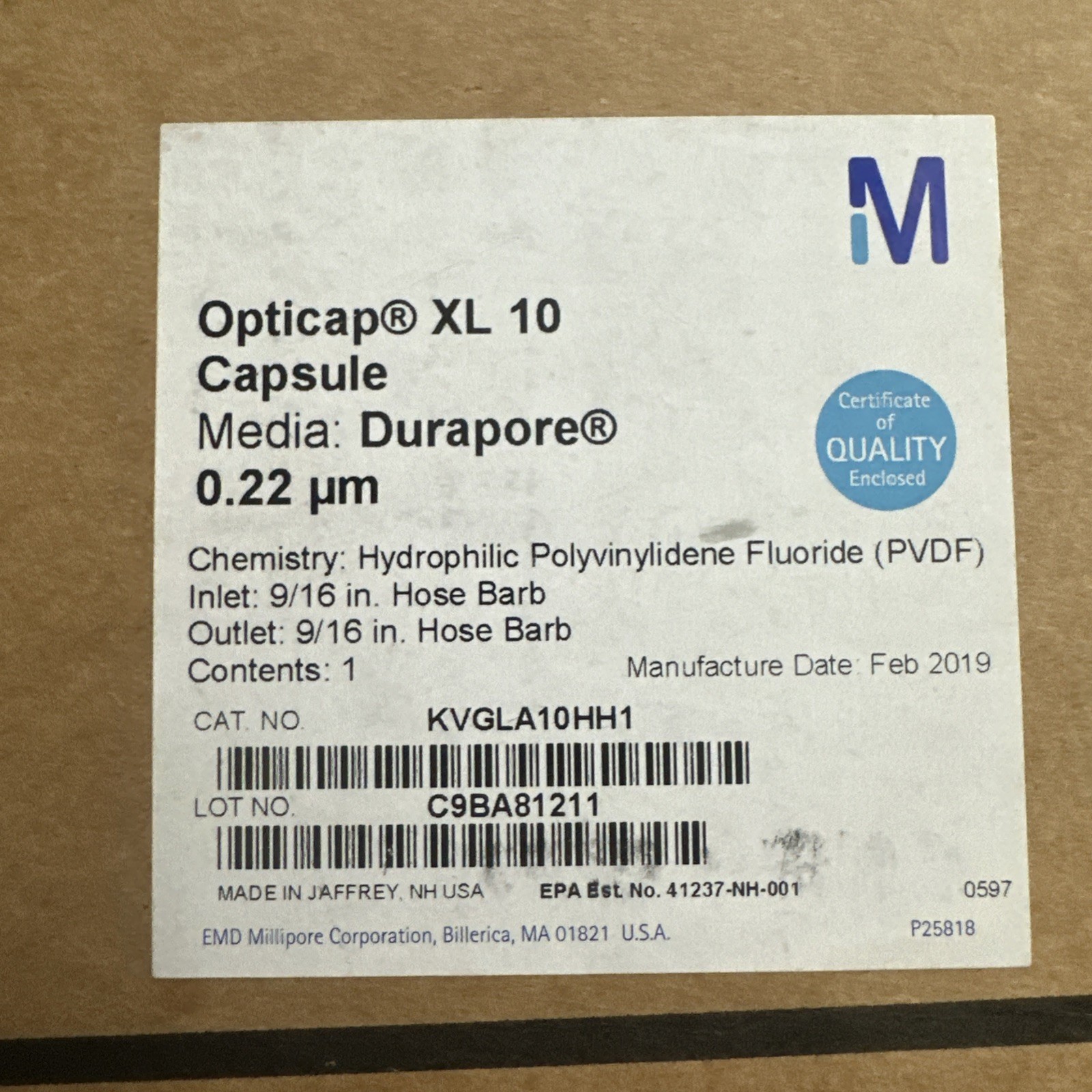 MILLIPORE Opticap XL 10 Capsule Filter KVGLA10HH1, 0.22µm 9/16″ Durapore