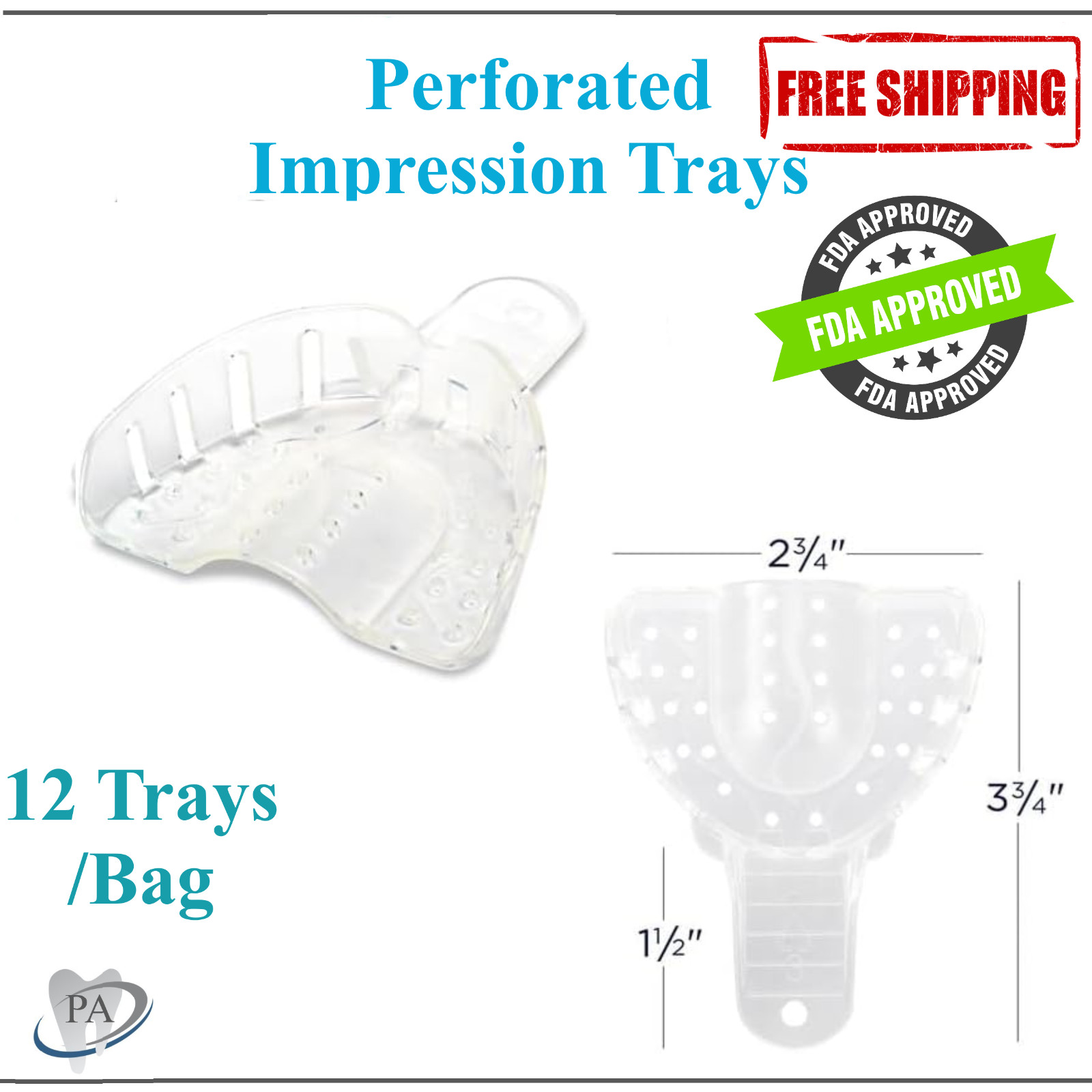 Dental Impression Trays Perforated Plastic Full Set Upper & Lower, Xl, L, 12/Bg