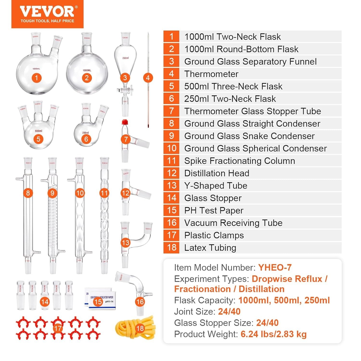 Lab Distillation Kit, 3.3 Boro Lab Glassware Distillation Kit with 24, 40 Joi…