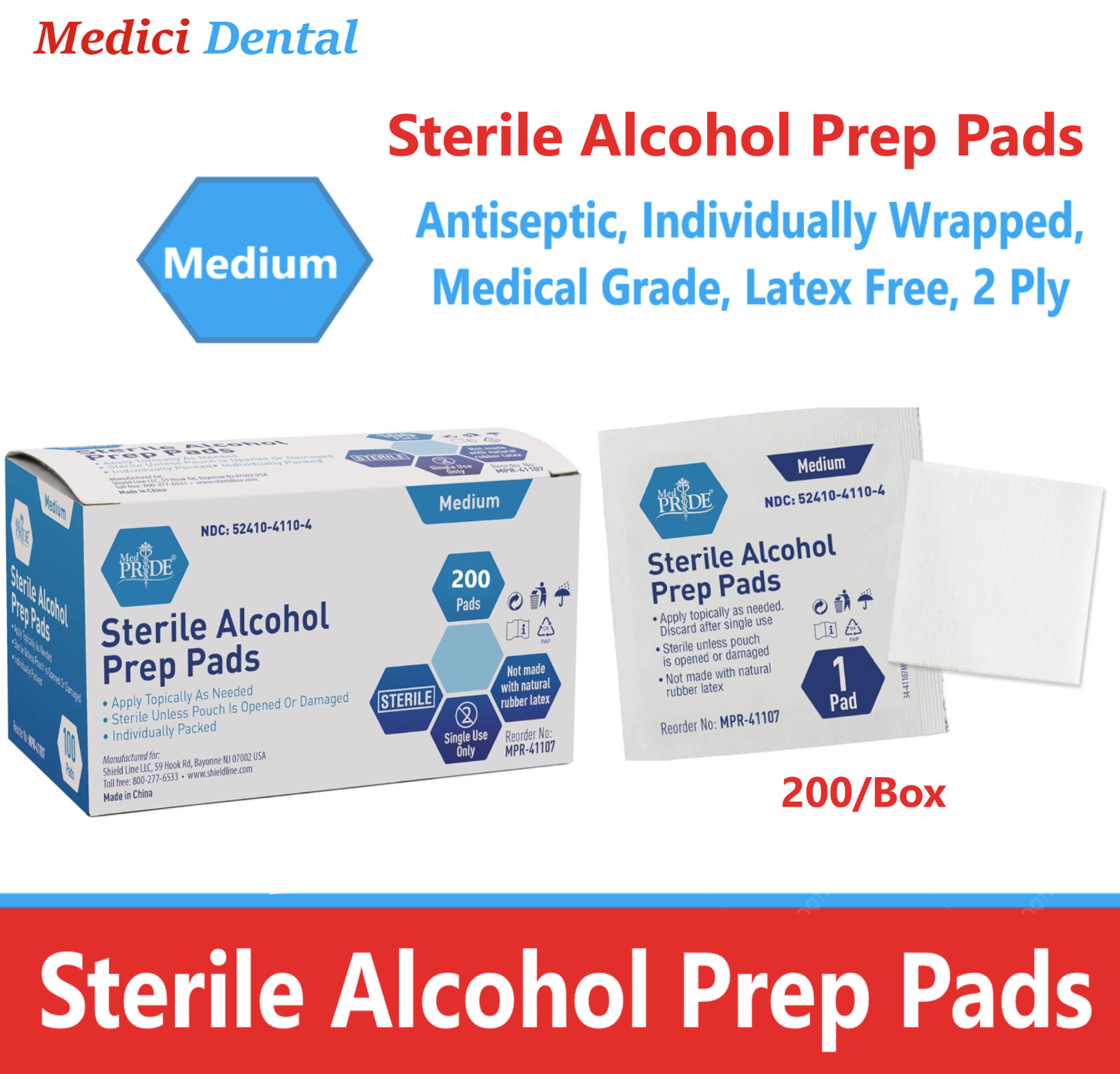 Sterile Alcohol Prep Pads, Antiseptic, Individually Wrap, Medical, Medium, 200Pk