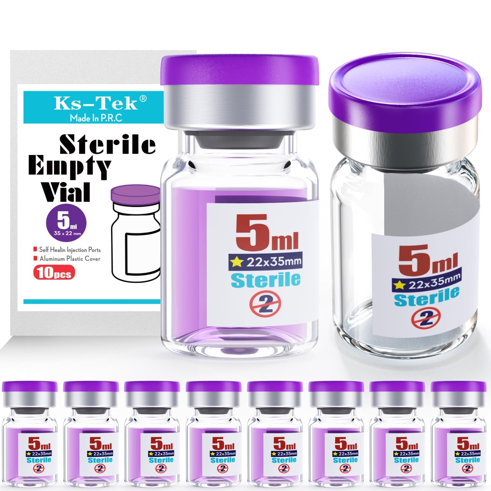 Ks-Tek Sterile Empty Vials with Self Healing Injection Port,with 5ml, Purple