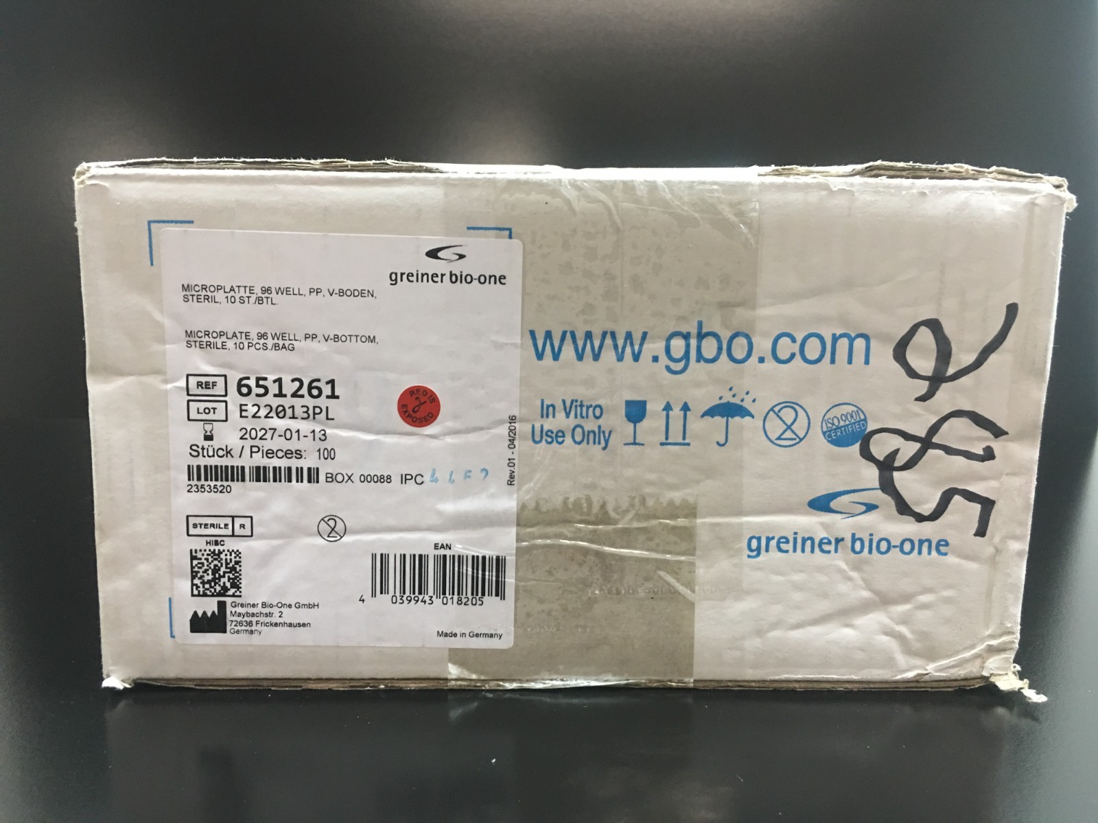Greiner bio-one REF 651261 Microplate 96 Well V-BOTTOM Case of 100
