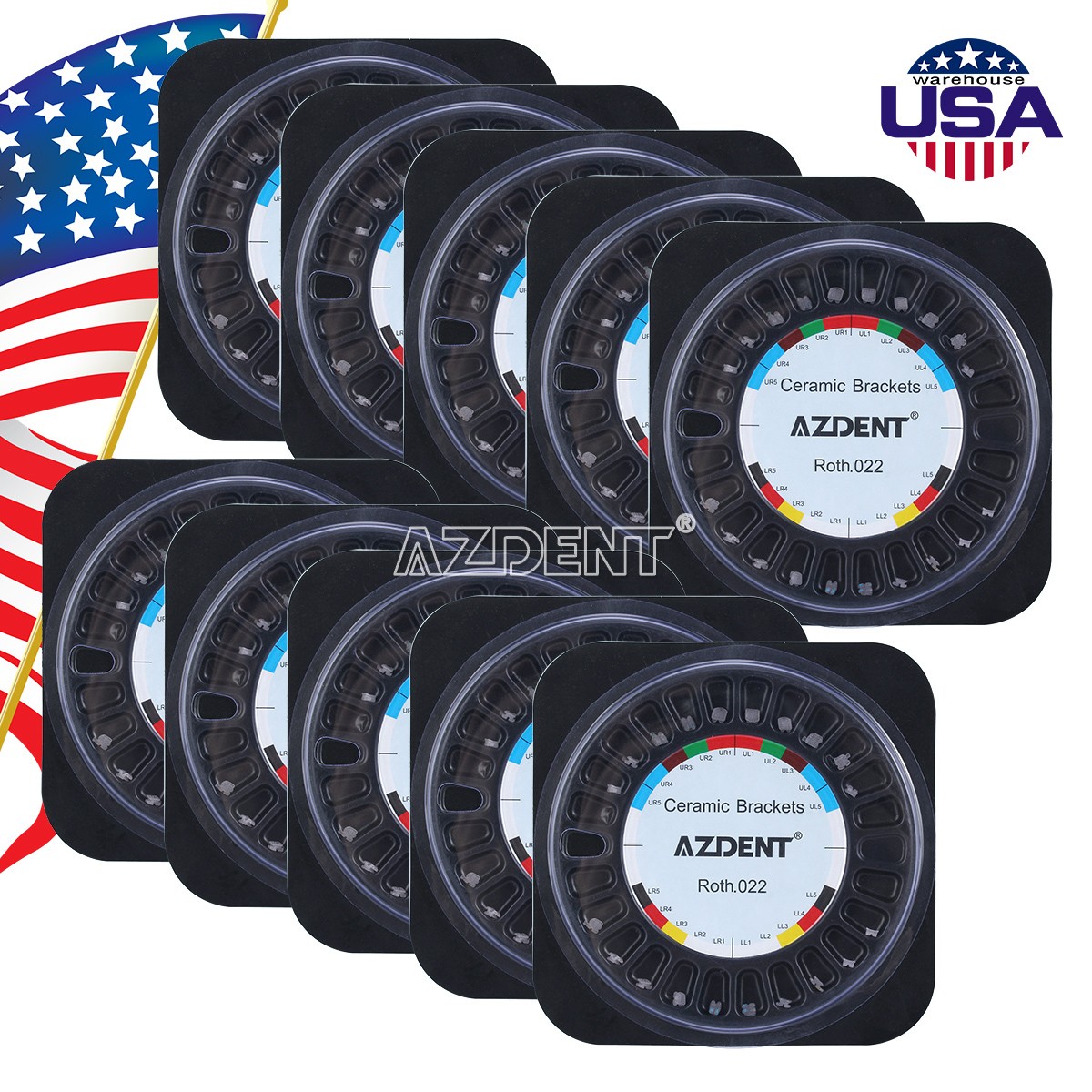 10Box AZDENT Dental Orthodontic Brackets Ceramic Braces Roth.022 5/5 Hook 345