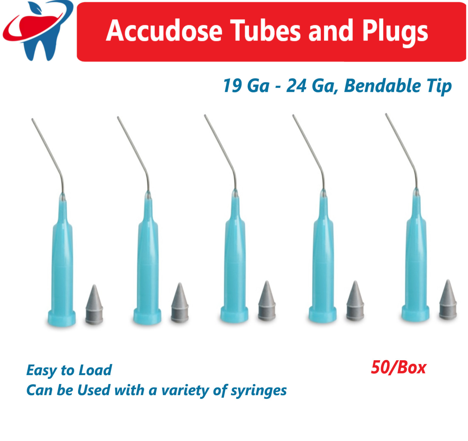 Dental Accudose Tubes and Plugs For C-R Syringe 20 Ga, Teal Orange, 50/Box