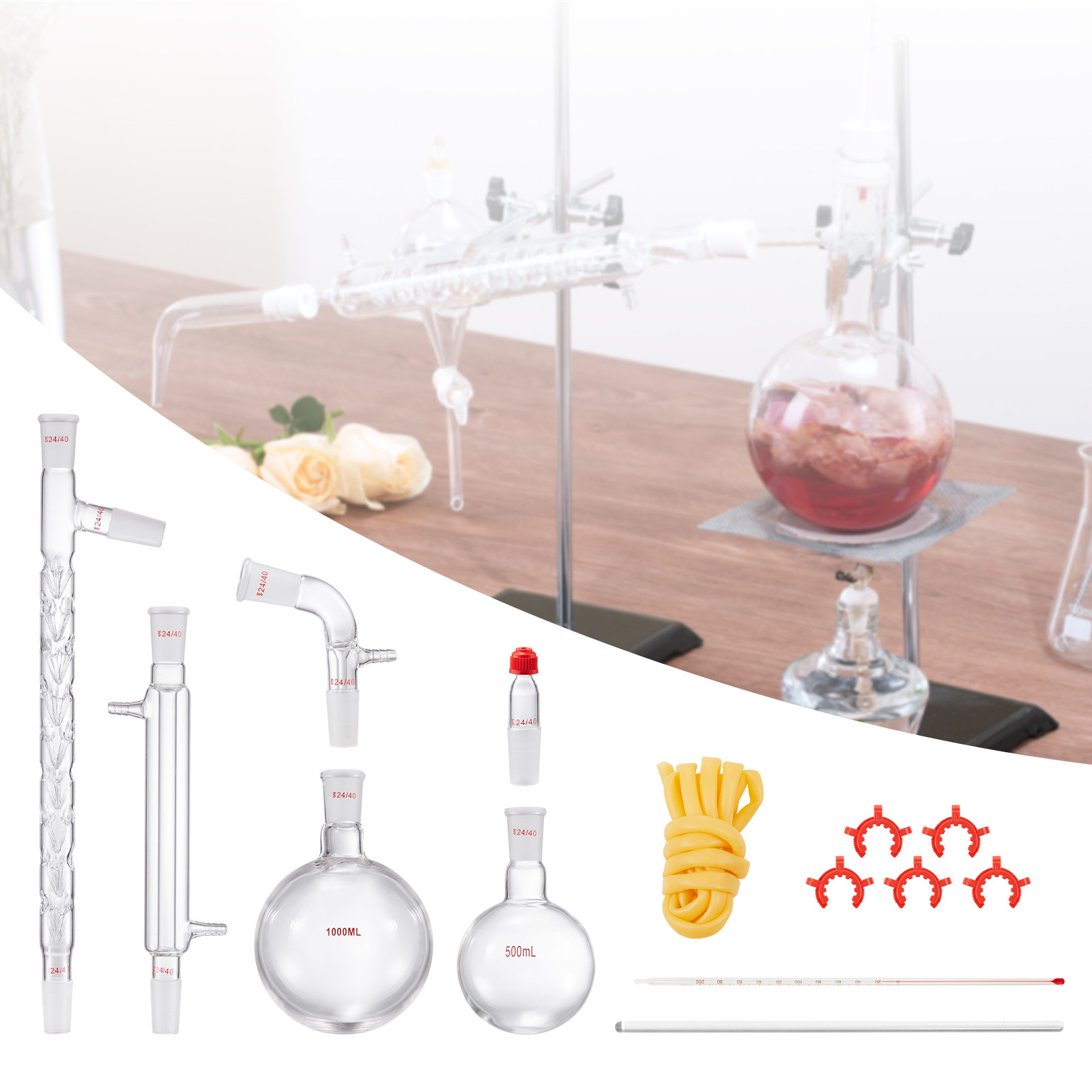 VEVOR Lab Glassware Distillation Kit 1000ml 3.3 Boro 14 pcs Glassware Equipment