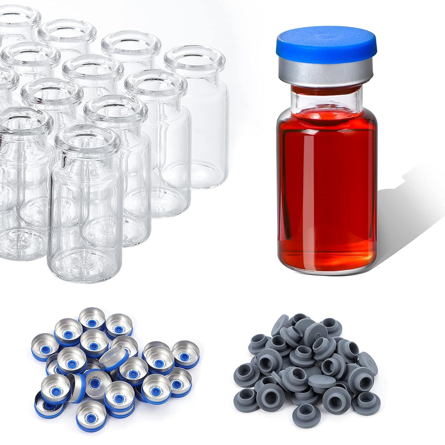 100pcs 10ml Vials Glass Clear Bottom Headspace Vial Flip Off Caps Rubber Stopper