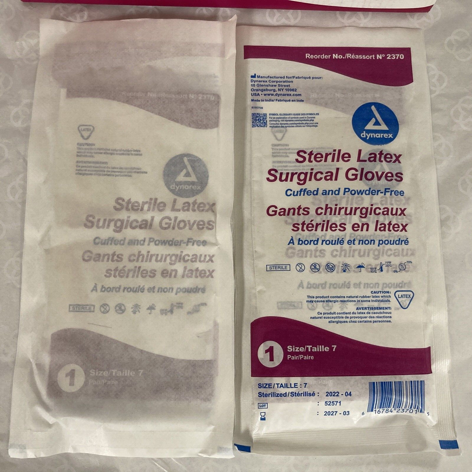 Dynarex #2370 Sterile Latex Surgical Gloves, Size 7 – 2 pairs