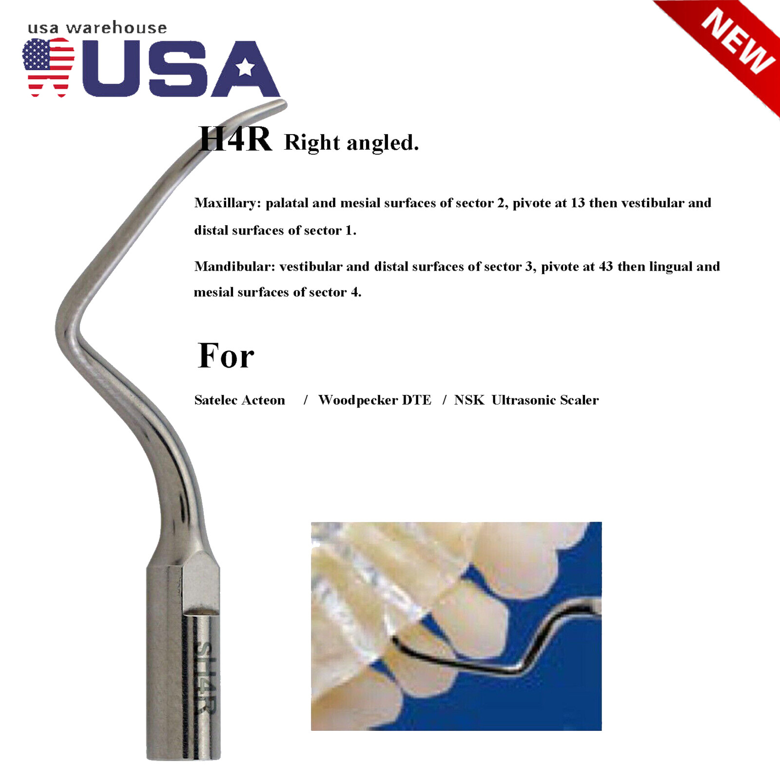 Dental Ultrasonic Piezo Periodontal Scaler Tips H4R Fit Satelec Acteon DTE NSK