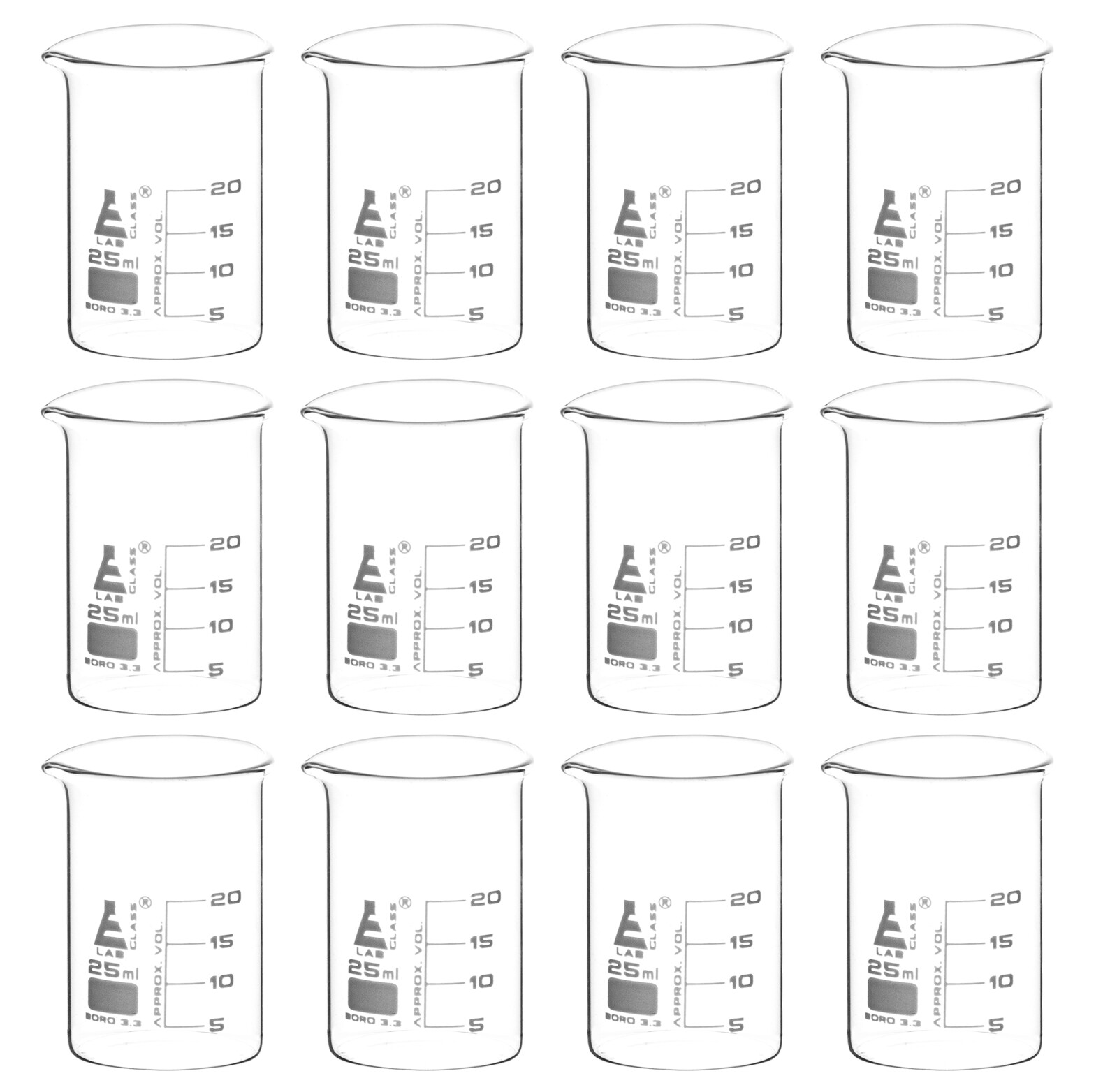 Eisco 25ml Beakers, Low Form, 5ml Graduations – Borosilicate Glass – 12 Pack