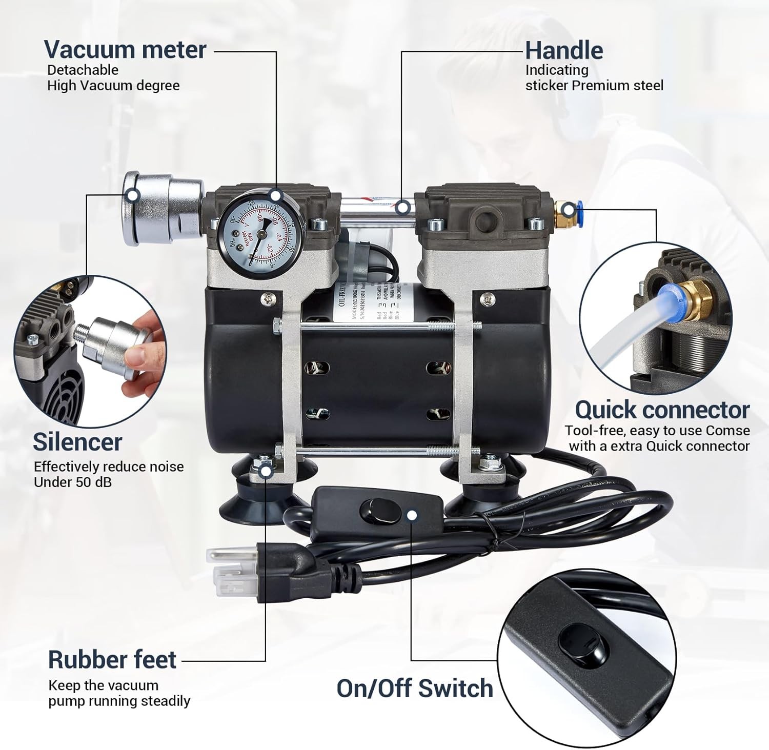 180W 50L/Min Lab Vacuum Pump 1000mL Lab Vacuum Filtration 250ml Filtering Funnel