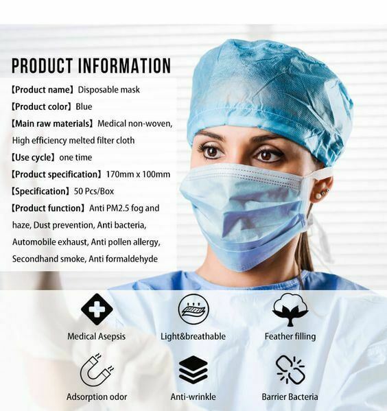 10/50/100 Disposable Face Mask Medical Surgical Dental 3 Ply Ear Loop Blue