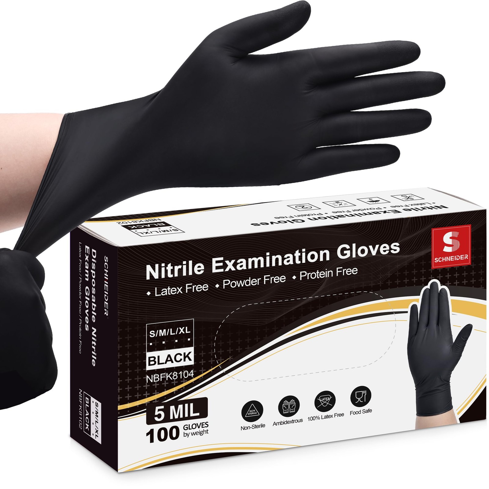 Schneider Black Nitrile Exam Gloves, XL, 5 Mil Disposable X-Large,