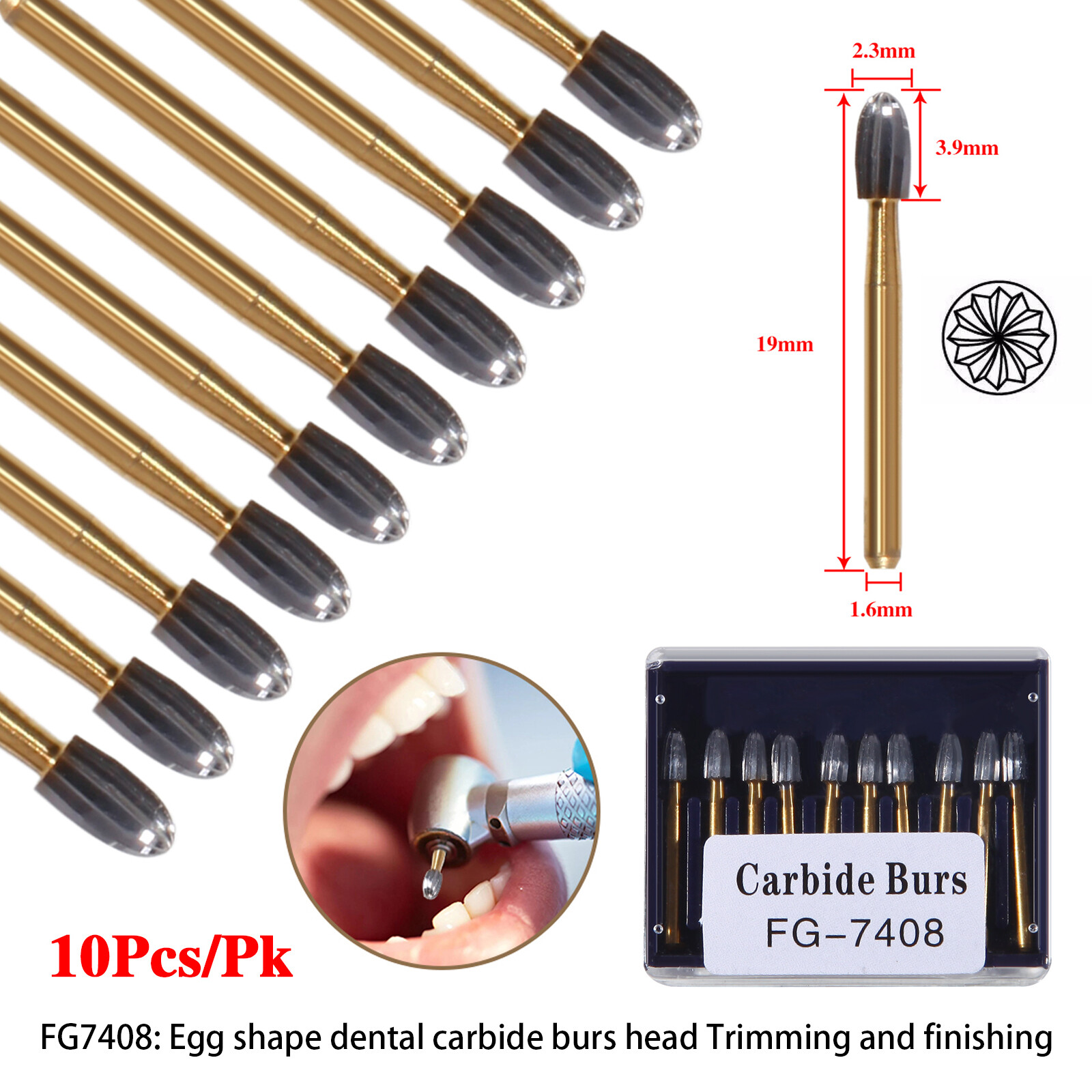 10 Pcs Dental Tungsten Carbide Burs Trimming & Finishing Bur 7408 19mm Egg shape