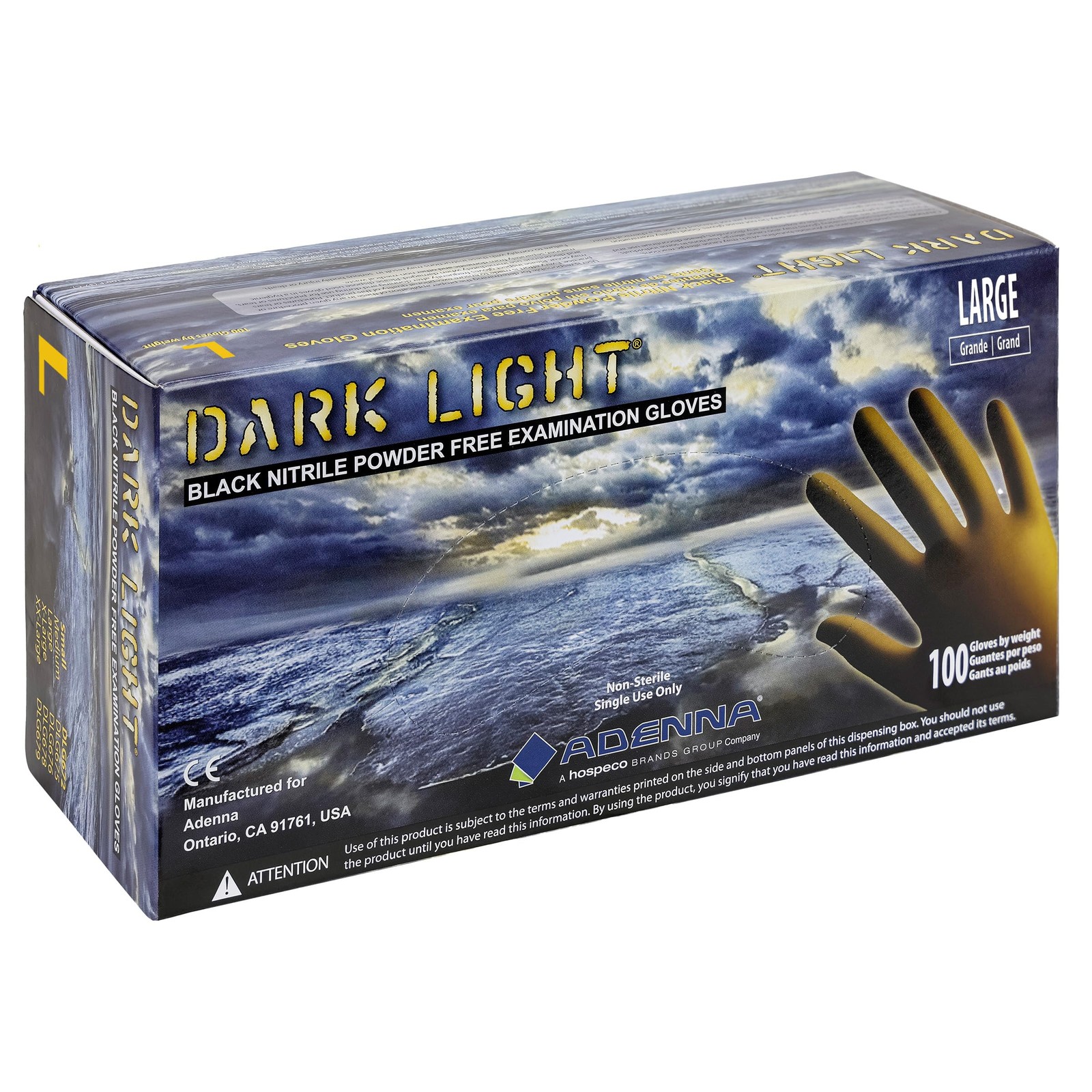 Adenna Dark Light 9 mil Nitrile Powder Free Exam Large (Pack of 100), Black