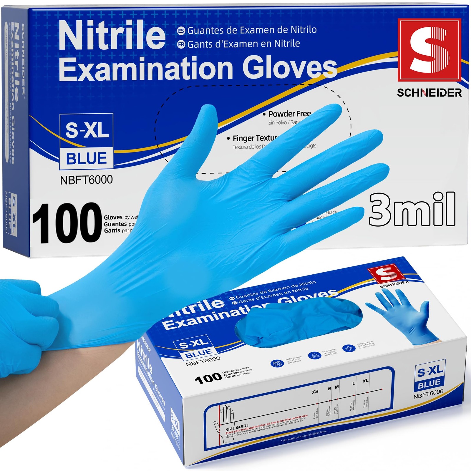 Schneider Medical Nitrile Exam Gloves, Powder-Free, Latex-Free, Small, Blue