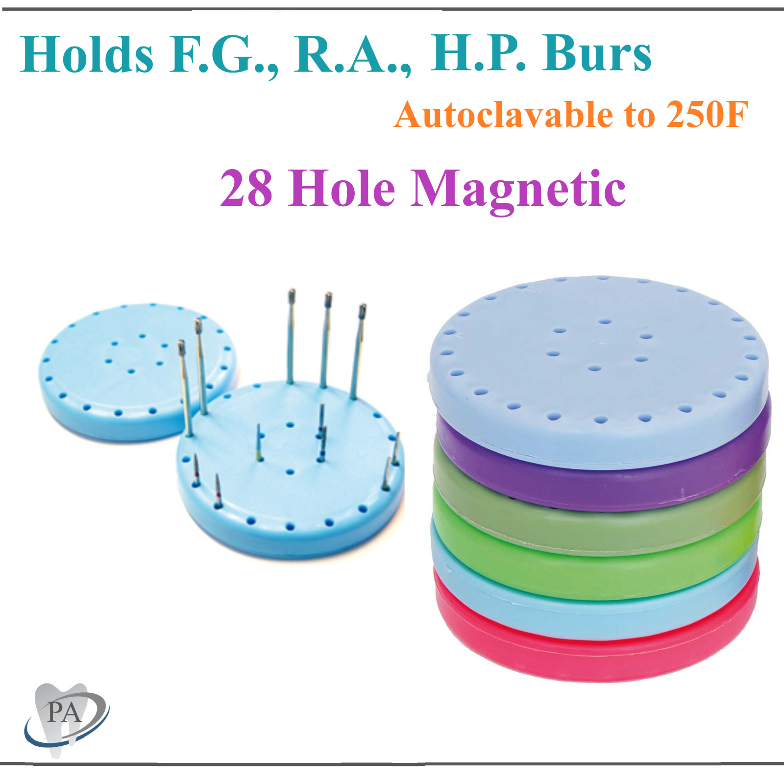 Magnetic ROUND LARGE Dental Lab Bur Block Holder Station Holds 28 Burs FG, HP RA