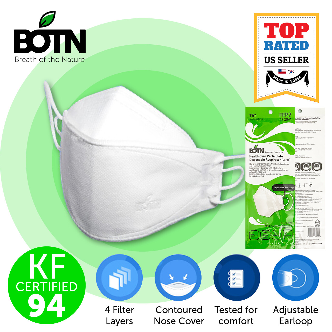 10 Pack BOTN KF94 WHITE L Adult Size Protective Safety Face Mask KFDA Approved