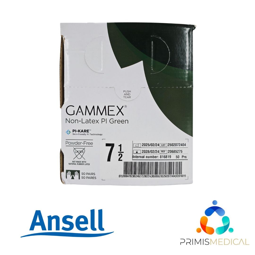 Ansell 816819 GAMMEX Non-Latex PI Green Surgical Gloves Size 7-1/2 BX/50 Pairs