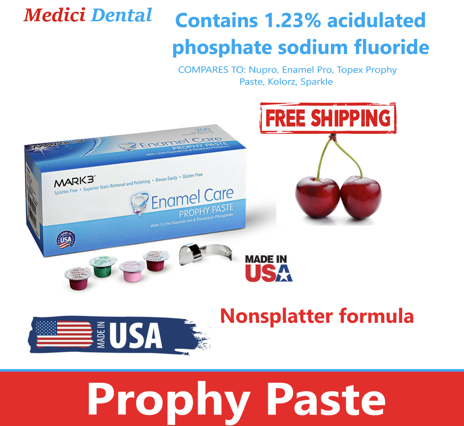 Prophy Paste Dental Prophylaxis Coarse Cherry 200/cups, Made in USA Non Splatter