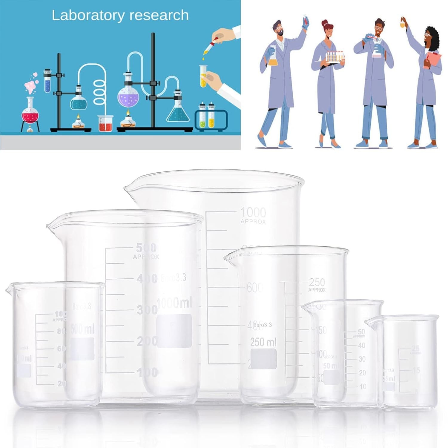 6 Pack Glass Lab Pyrex Beaker Set Measuring Cup 50/100/250/500/1000 ML