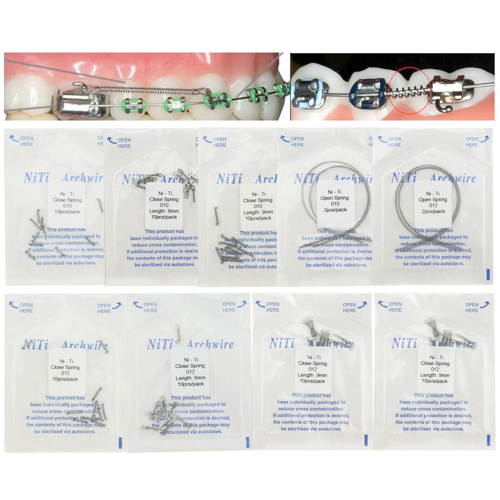 Dental Orthodontic Niti Closed Open Coil Spring Arch Wires 010 012 6mm 9mm 180mm
