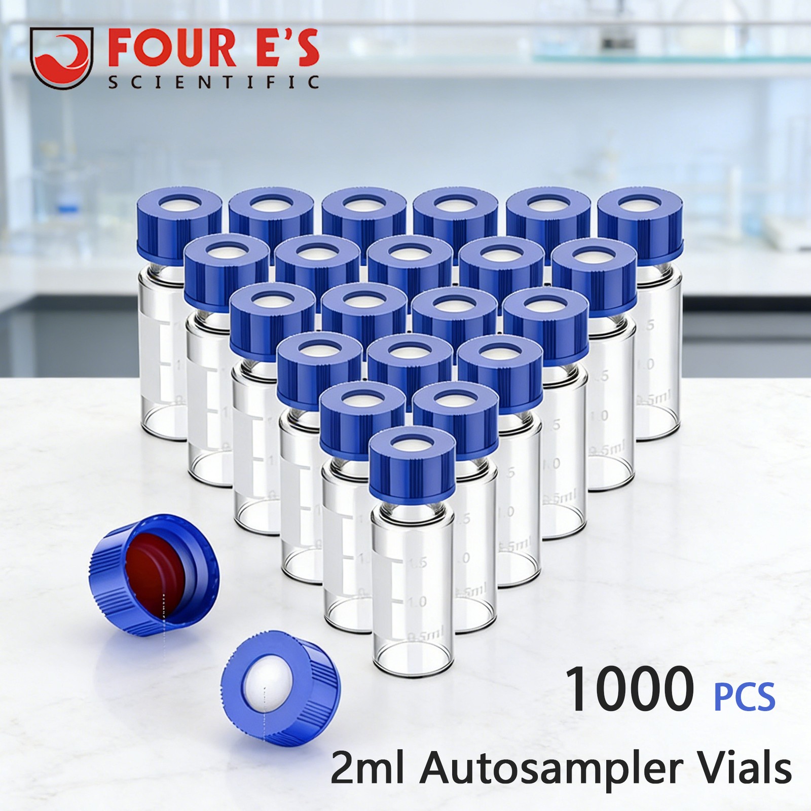 1000Pcs 2ml Autosampler Vial Transparent Sample Bottle with Blue Screw Caps HPLC