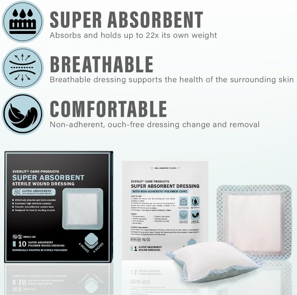 EVERLIT Super Absorbent Dressing for Wound Care | Nonstick 4″ x 4