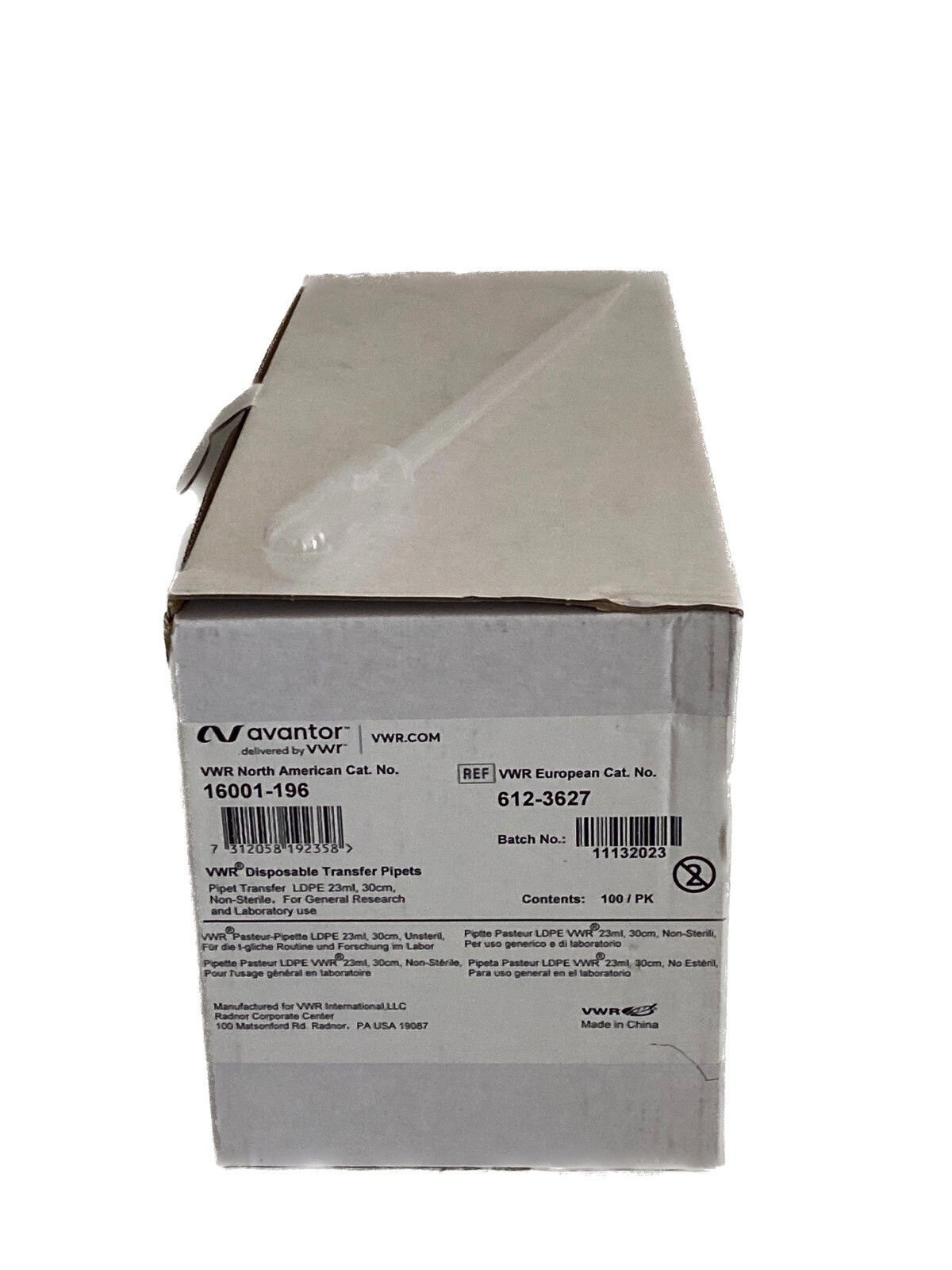 (100/Pk) VWR 23mL LDPE Disposable Transfer Pipets Non-Sterile 16001-196