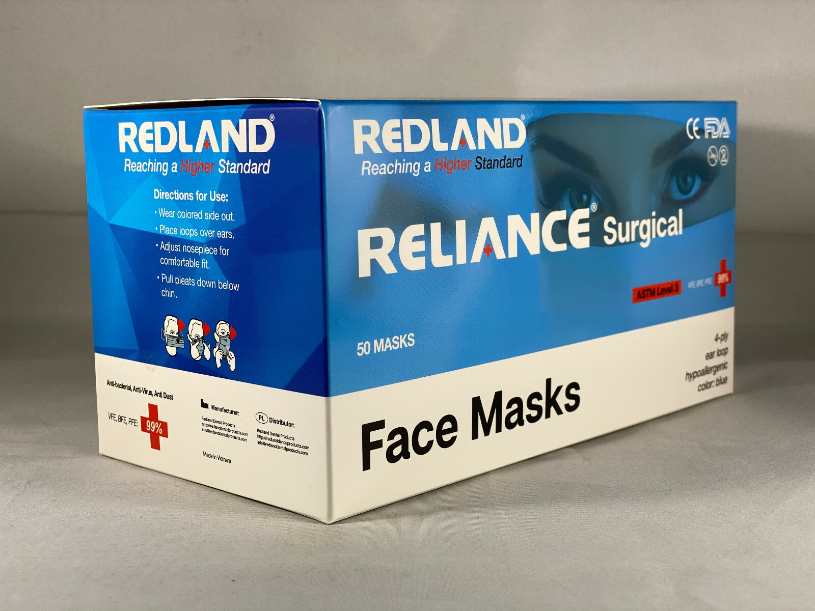 REDLAND RELIANCE Surgical BLUE Ear loop Face Mask (ASTM LEVEL-3) 50 PCS/BOX