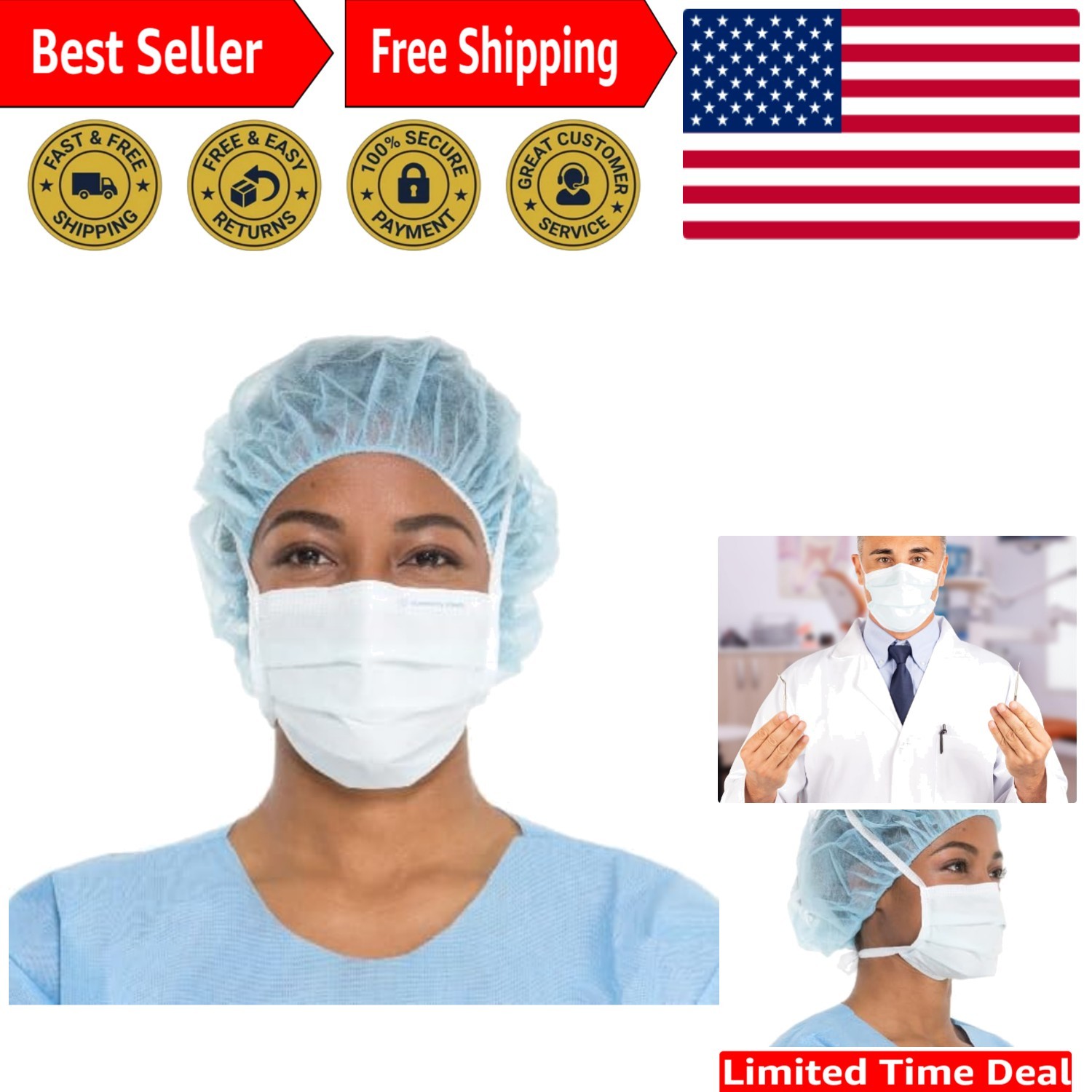THE LITE ONE 3-Ply Blue Disposable Masks with Ties – 50 Count – For Medical Use