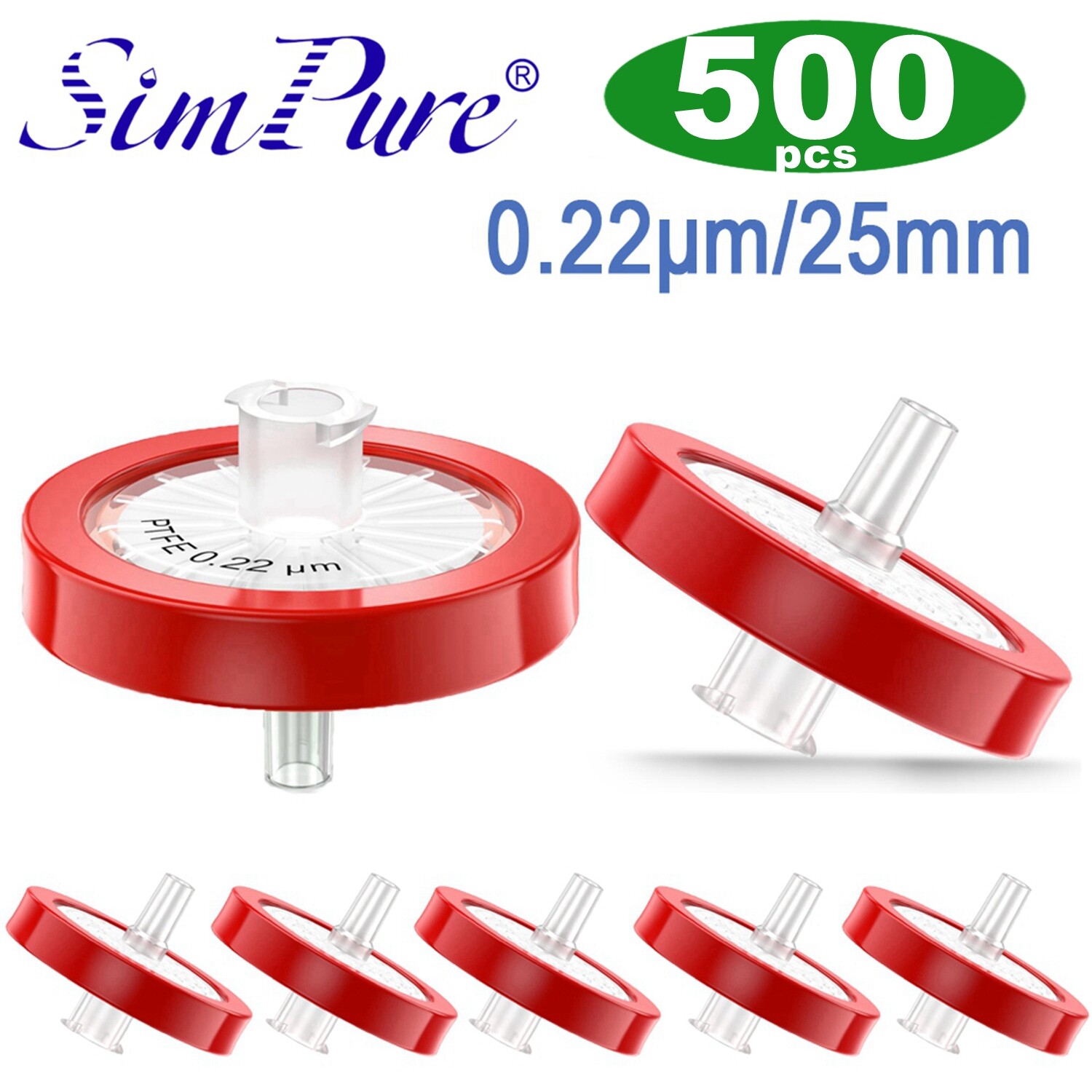 Simpure 500PCS PTFE Syringe Filters 25mm Diameter 0.22um Pore Size Hydrophobic