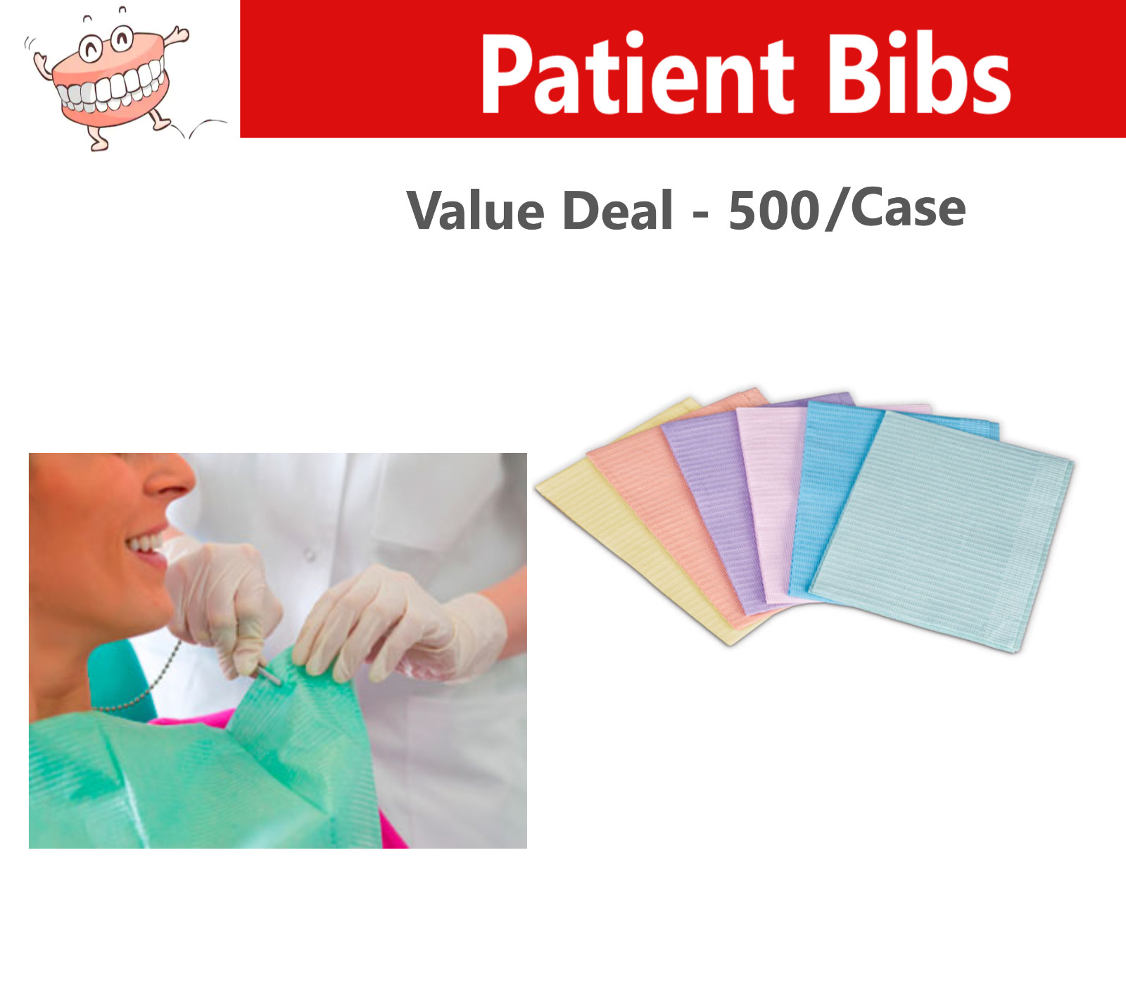 Dental Tattoo Spa Patient Bibs, 2 ply tissue/1 ply plastic -500/Case, Pick Color