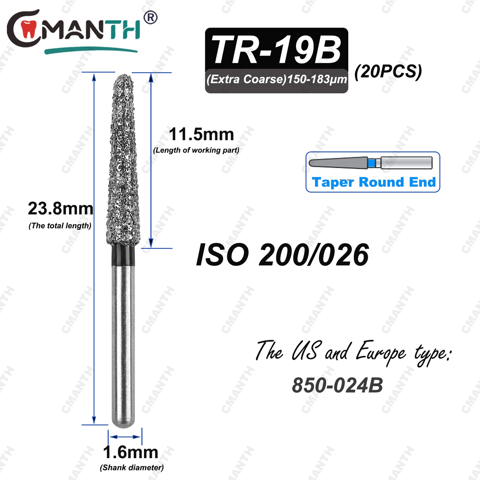 TR Type Dental Diamond Burs Fit High Speed Handpiece 1.6mm Drills 20pcs