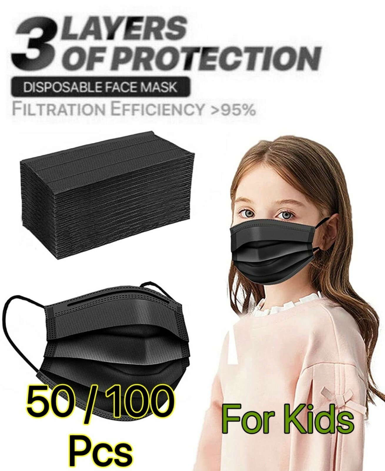 Black Kids Disposable 50-100 Pack Face Masks 3 Ply Dust Mask for Children