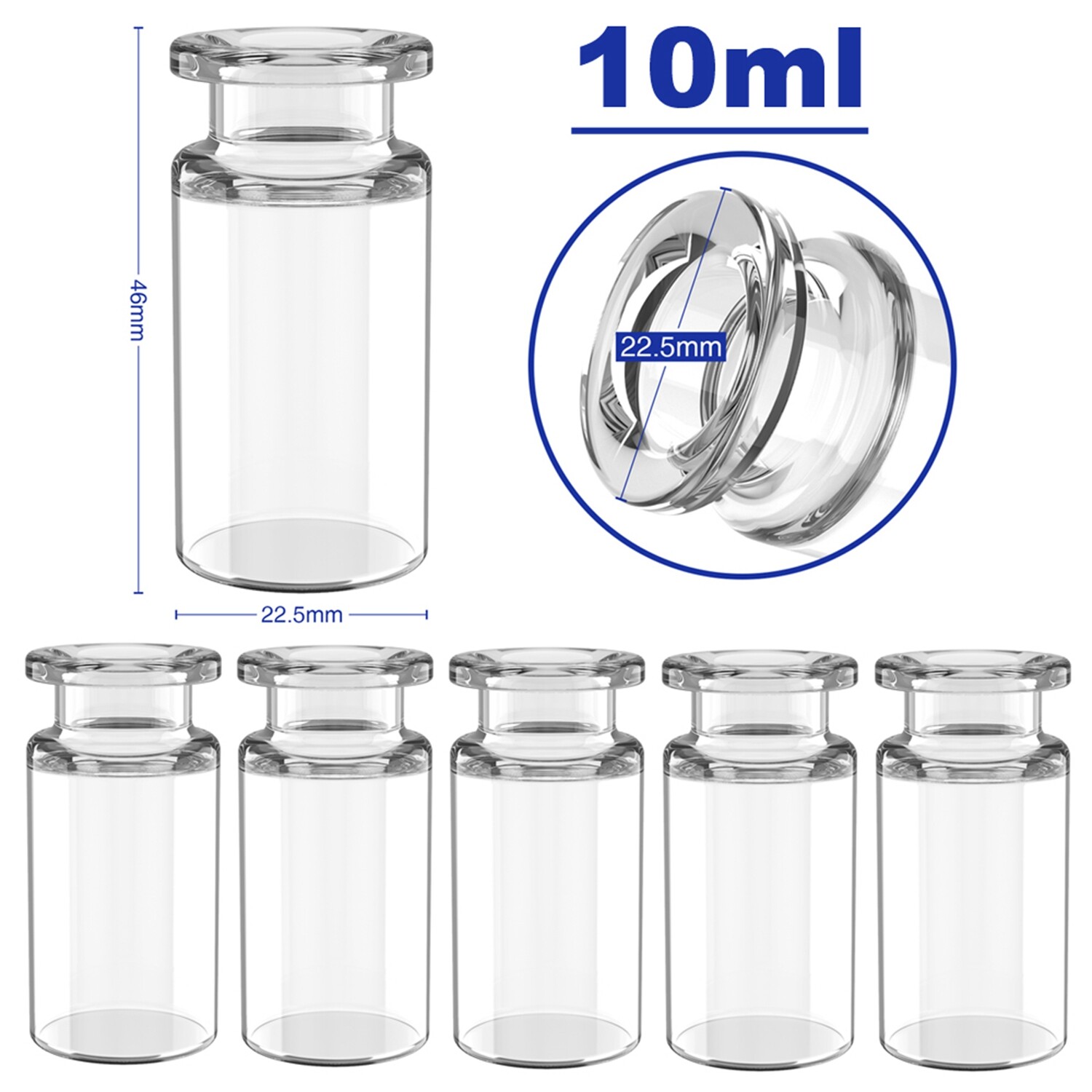 1000pcs 10mL Clear Headspace Vial 20mm Crimp Top Glass Bottle Flat Bottom