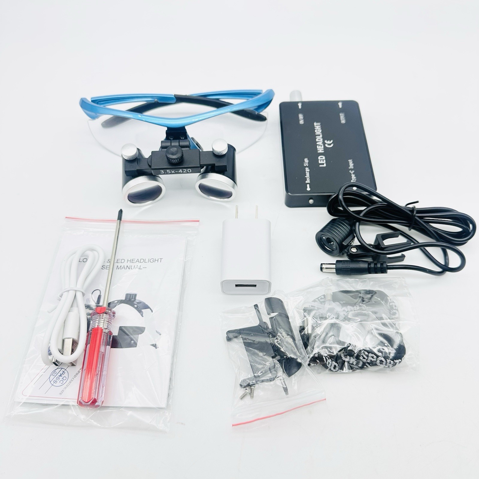 Dental 3.5X Binocular Loupes + 3W LED Head Light w/ Filter + Aluminum Box Blue