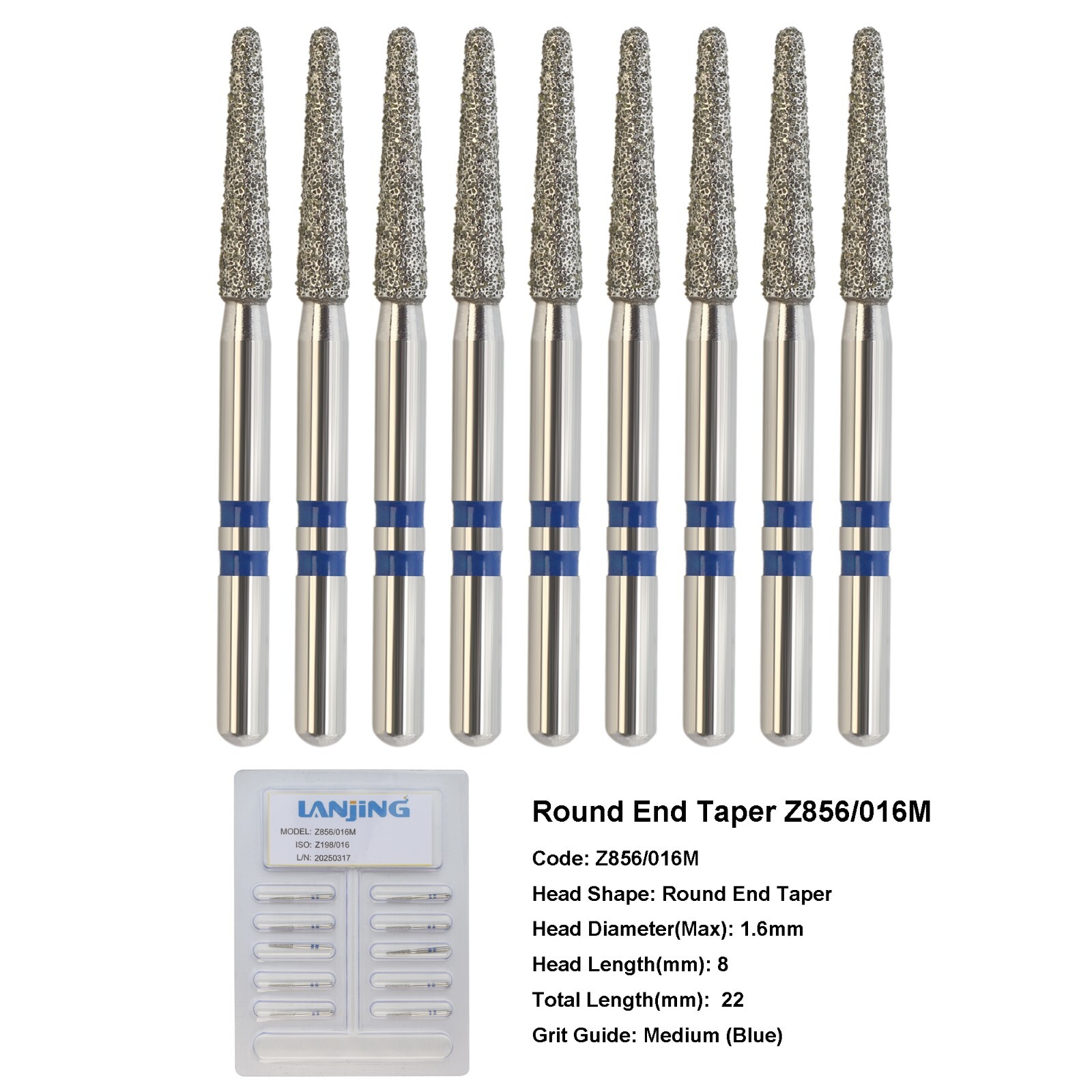 Dental Zirconia Cutting Bur Diamond Burs Round End Taper Z856/016M Friction Grip